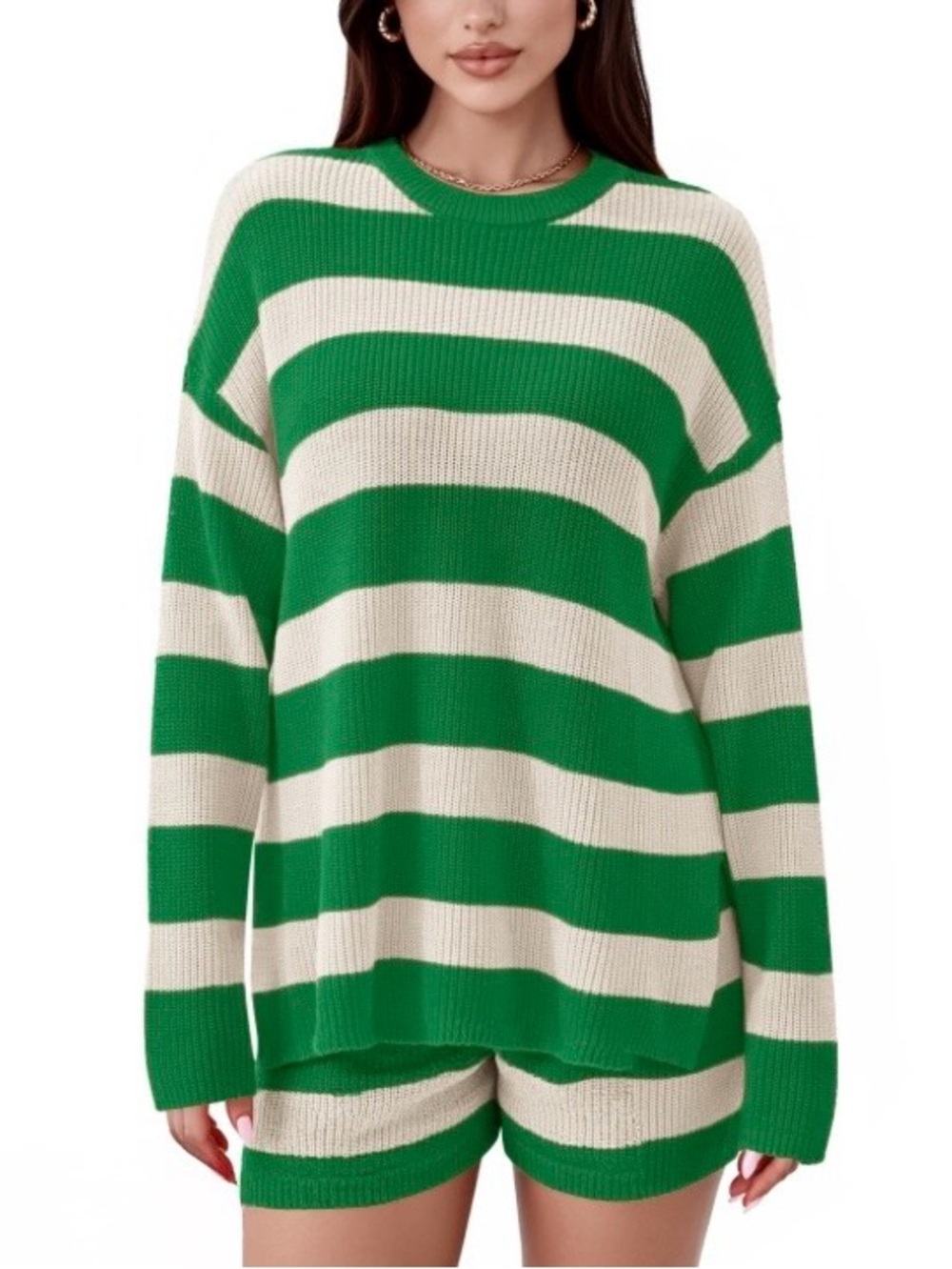 Pretty Garden Sweater & Shorts Set Cream Green Stripe NWT